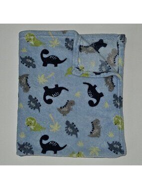 Parent's Choice Blue Dinosaur Fleece Baby Blanket Gray Green Trees 30x34